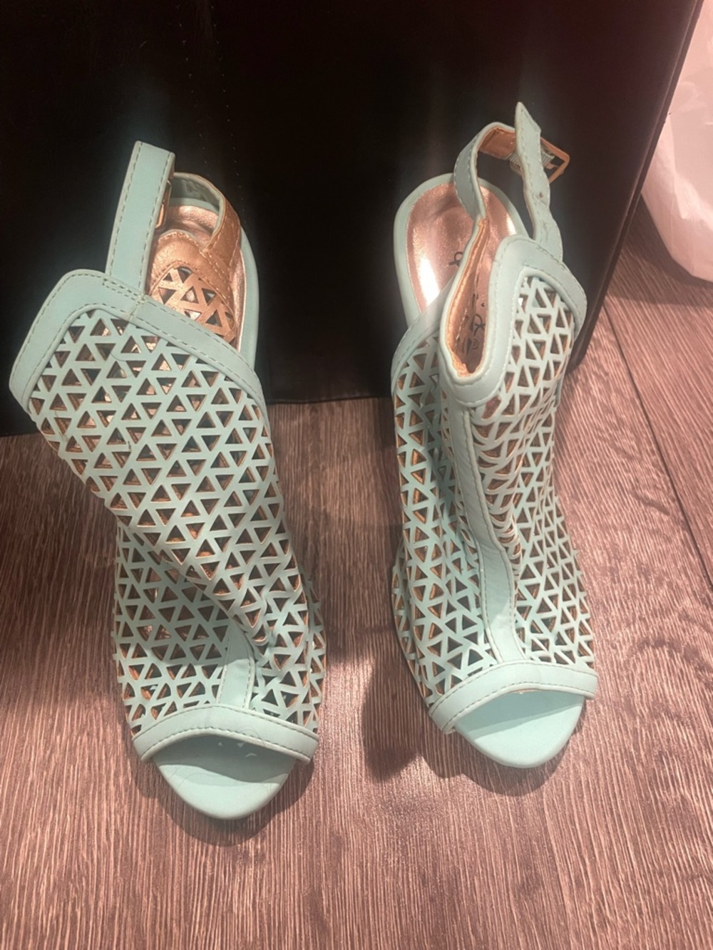 Miss Lola Mint Green Geometric Cutout Peep-Toe Heels